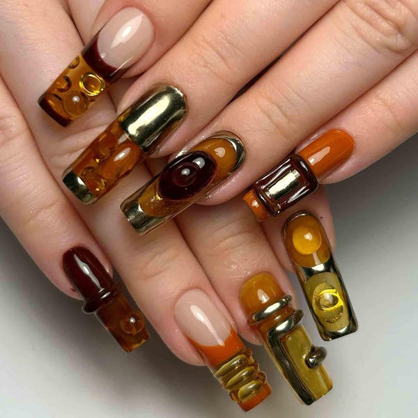 Handmade Abstract Amber Press On Nails | 3D Liquid Gel, Gold Chrome & Jewel Tone Design | Long Square Nails for High-End Edgy Aesthetic