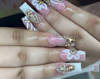 Handmade Glam Floral Press On Nails | 3D Flowers, Gold Charms & Crystal Accents | Long Square Nails For Elegant Luxury Vibes