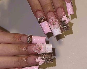 Handmade Pink Polka Dot Press On Nails | 3D Flower, Bow & Rhinestone Accents | Long Square Nails for Glam Coquette Vibe