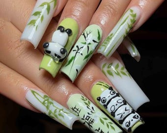 Handmade Panda Bamboo Press On Nails | 3D Pandas, Bamboo Leaves & Chinese Characters Accents | Square Nails for Nature-Inspired Vibes