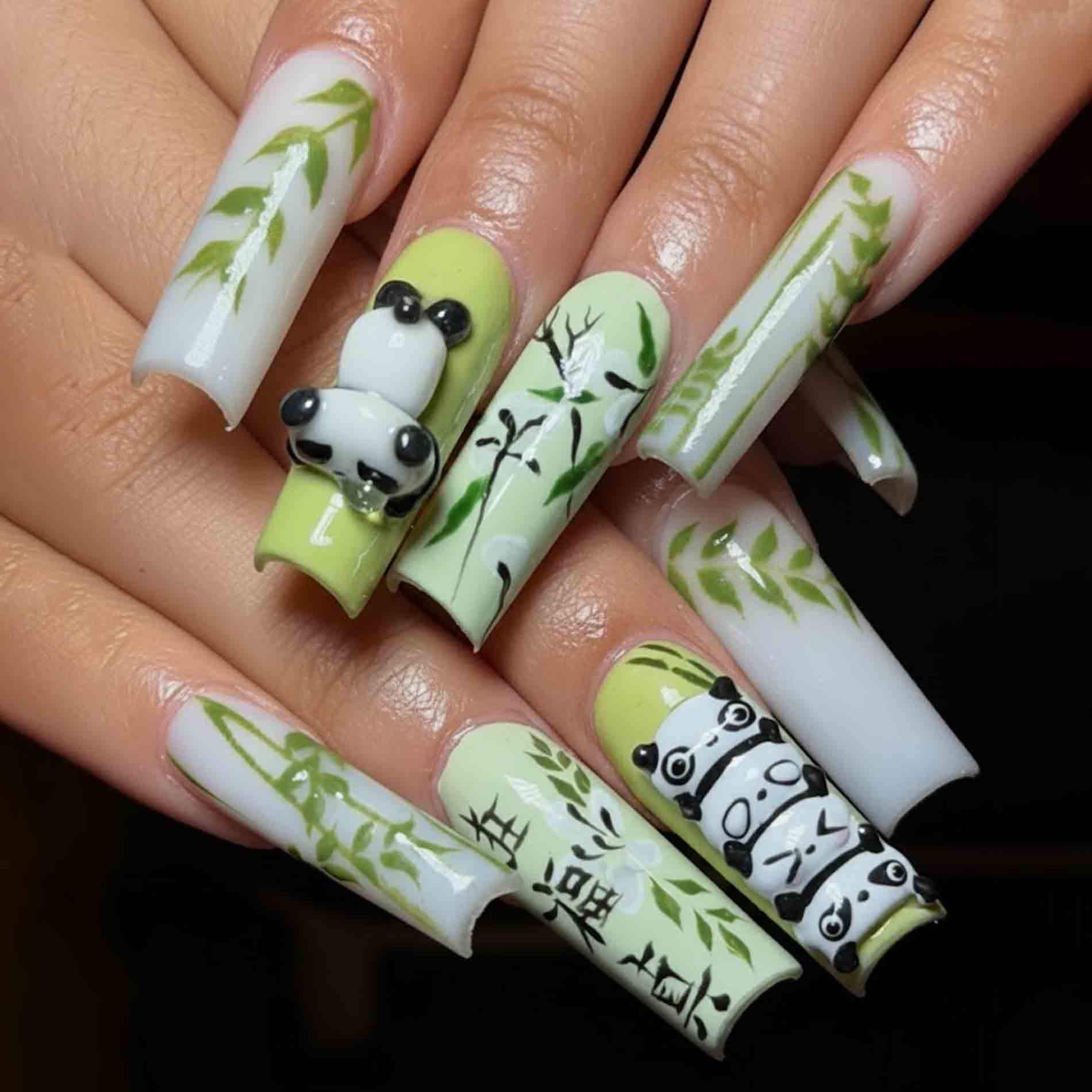 Handmade Panda Bamboo Press on Nails | 3D Pandas, Bamboo Leaves