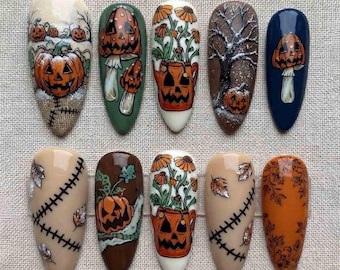 Handmade Halloween Press On Nails - Jack-o'-Lanterns, Mushrooms & Leaves - Almond Nails for Cozy Fall Vibes - Rustic