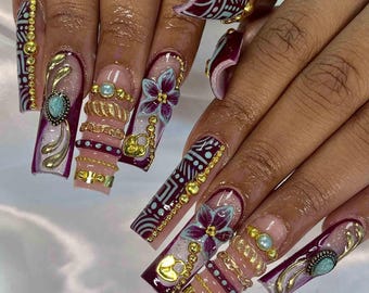 Handmade Luxury Floral Press On Nails | Gold Charms, Purple Flowers & 3D Gem Accents | Long Square Nails For Glam Vibes