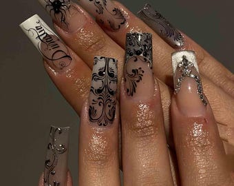 Handmade Black Gothic Swirl Press On Nails | Black Swirls, French Tips, Diamonds, Text | Long Square Nails for Gothic Vibe