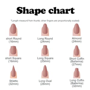 May include: A white graphic showing a nail shape chart with nine different nail shapes. The chart includes the names and lengths in millimeters of each shape: short round (16mm), long round (24mm), almond (24mm), short square (16mm), long square (25mm), short coffin (27mm), stiletto (32mm), long oval (28mm), and long coffin (32mm).