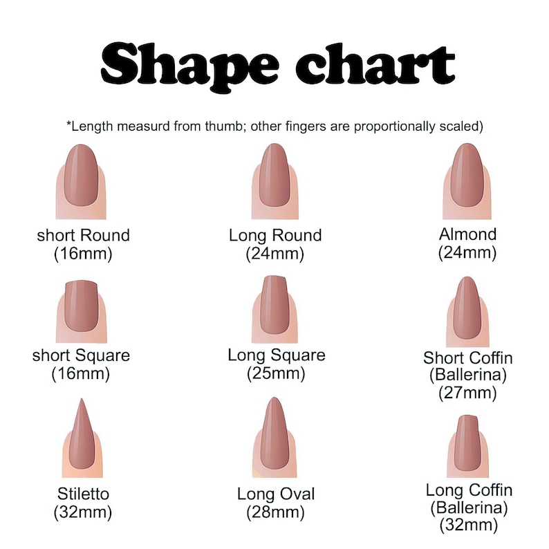 May include: A white graphic showing a nail shape chart with nine different nail shapes. The chart includes the names and lengths in millimeters of each shape: short round (16mm), long round (24mm), almond (24mm), short square (16mm), long square (25mm), short coffin (27mm), stiletto (32mm), long oval (28mm), and long coffin (32mm).