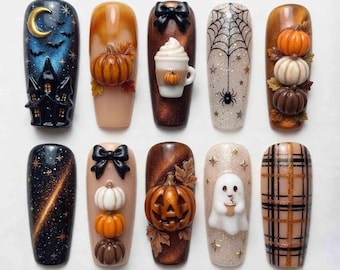 Spooky Pumpkin Press On Nails, Brown Cateye & Ghost Tartan Nails, 3D Pumpkin Bow Gothic Handmade Halloween Nail Set