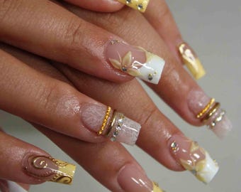 Handmade Golden Yellow Press On Nails | 3D Flower, Lace, Rhinestone & French Tip Art | Short Square Nails for Elegant Vibe