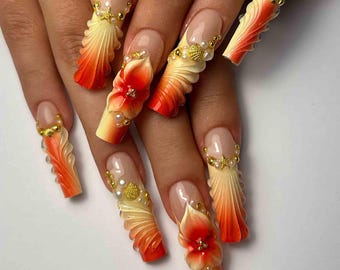 Handmade Ocean Sunset Press On Nails | 3D Sculpted Shell, Flower, Pearl & Starfish Design | Extra Long Square Nails for Tropical Aesthetic