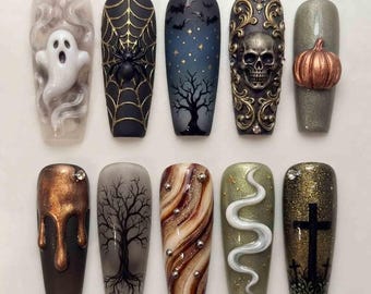 Handmade Halloween Press On Nails - 3D Skull, Spiderweb & Ghost - Coffin Nails for Spooky Vibes - Gothic Horror Nail Art