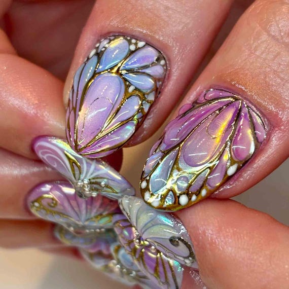 Handmade Celestial Abstract Press On Nails | Gold Line Swirls, Star, Moon Art | Oval Nails with Pastel Blue & Pink Tones