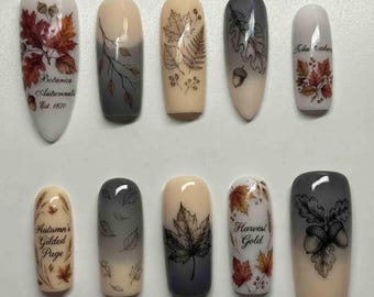 Handmade Autumn Press On Nails - Botanical Leaves, Acorns & Typography - Almond Nails for Cozy Fall Vibes - Harvest Script Nail Art