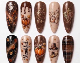 Harvest Pumpkin Press On Nails, Thankful Autumn Maple Leaves Nails, Brown Plaid Pilgrim Hat Thanksgiving Handmade Fall Nail Set