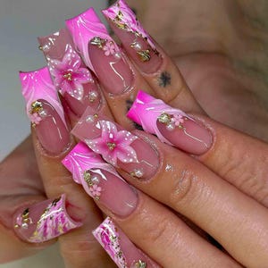 Handmade Hot Pink Floral Press On Nails | 3D Hibiscus, Gold Shells & Pearl Accents | Long Square Nails for Vacation Glam Aesthetic