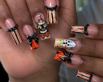 Gothic Striped Cat Press On Nails, Orange Black Bow & Creepy Clown Face Nails, Vintage Circus Jester Gothic Handmade Halloween Nail Set