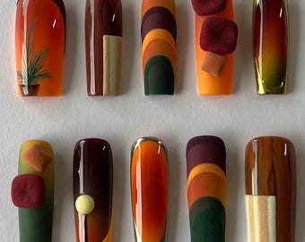 Handmade Autumn Retro Press On Nails | 3D Velvet Cubes, Gradient Sunset Tones & Geometric Layers | Square Nails For Vintage Chic Vibe