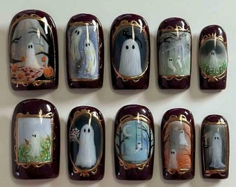 Handmade Spooky Ghost Press On Nails | Haunted Frames, Cute Spirits, Night Sky & Creepy Art | Short Square Nails For Halloween Vibes