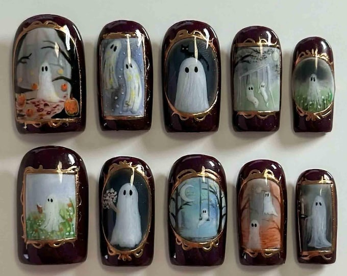 Handmade Spooky Ghost Press On Nails | Haunted Frames, Cute Spirits, Night Sky & Creepy Art | Short Square Nails For Halloween Vibes