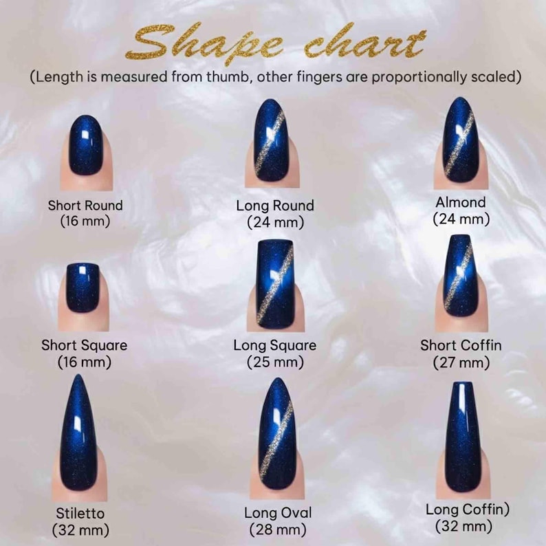 May include: A nail shape chart with nine different nail styles. The chart includes Short Round (16 mm), Long Round (24 mm), Almond (24 mm), Short Square (16 mm), Long Square (25 mm), Short Coffin (27 mm), Stiletto (32 mm), Long Oval (28 mm), and Long Coffin (32 mm).