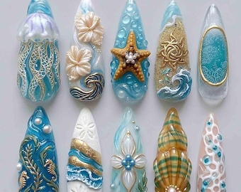 Handmade Ocean Blue Press On Nails | 3D Seashell Starfish Jellyfish Nail Art | Stiletto Nails for Beach Summer Style