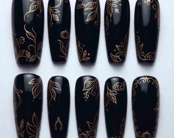 Handmade Thanksgiving Press On Nails - Golden Foil Leaves, Pumpkins & Wishbone - Coffin Nails for Elegant Autumn Vibes