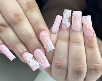 Handmade Pink Floral Press On Nails | 3D Flowers, Sugar Glitter & Baby Pink Details | Long Square Nails For Soft Romantic Vibes