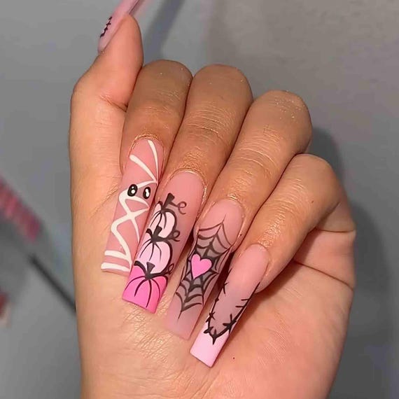Handmade Pink Halloween Press On Nails | Mummy, Pumpkins, Heart Web & Barbed Wire Nail Art | Long Square Nails For Spooky Halloween Vibe