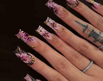 Handmade Pink Floral Press On Nails | Hand-Painted Flowers, Gold Stud Accents | Long Square Nails with Soft Glam Vibes