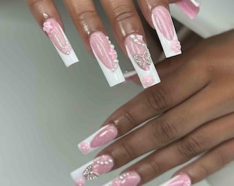 Handmade Pink Floral Press On Nails | 3D Flowers, Pearls & Butterfly Charms | Long Square Nails For Sweet Elegant Vibes
