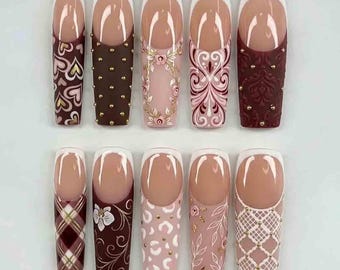 Handmade French Press On Nails | Burgundy, Brown Pink | Heart, Floral, Damask, Plaid & Stud Art | Long Square Nails for Elegant Vibe