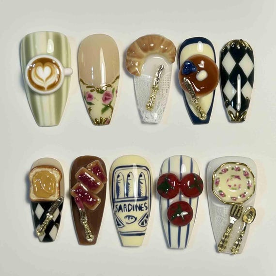 Handmade French Cafe Press On Nails | Latte Art, Croissant, Jam Toast & Donut 3D Art | Long Coffin Nails For Chic Parisian Vibes