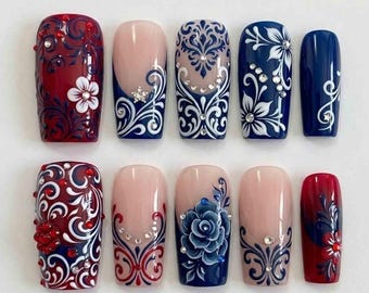 Handmade Elegant Floral 4th of July Press On Nails | Vintage Blue Rose, Damask Swirls & Rhinestones | Long Square Nails for Festive Vibe