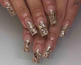 Handmade Sparkling Gold Press On Nails | Glitter Ombre, Crystals & Glam Accent Art | Square Nails For Luxury Party Vibes