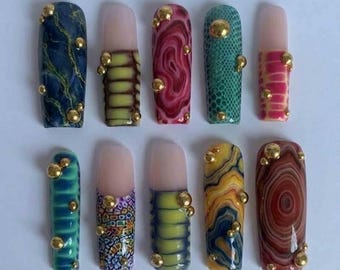 Handmade Gemstone Press On Nails | Multicolor Agate Marble, Gold Beads, 3D Design | Long Square Glam Artistic Nails