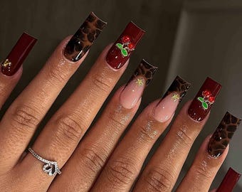 Handmade Cherry & Tortoise Shell Press On Nails | Red Glossy Nails with Gold Star Accents | Coffin Nails for Chic Look