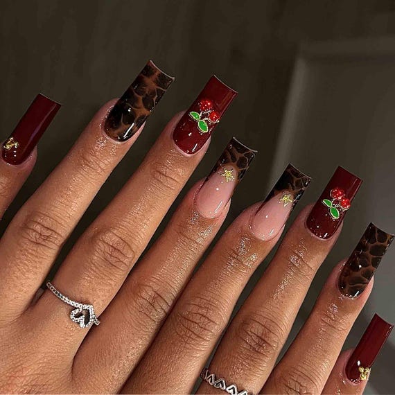 Handmade Cherry & Tortoise Shell Press On Nails | Red Glossy Nails with Gold Star Accents | Coffin Nails for Chic Look