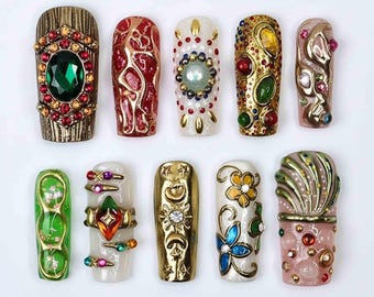 Handmade Royal Jewel Press On Nails | 3D Gemstones, Pearls, Gold Accents & Floral Art In Rich Colors | Square Nails For Luxury Vibe