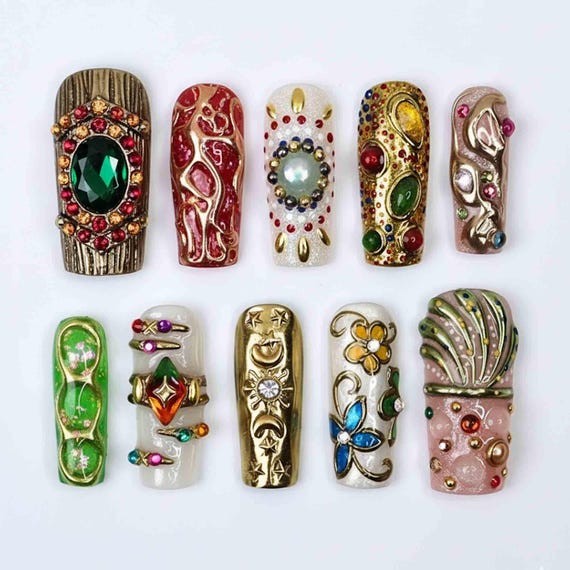 Handmade Royal Jewel Press On Nails | 3D Gemstones, Pearls, Gold Accents & Floral Art In Rich Colors | Square Nails For Luxury Vibe