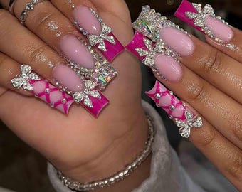 Handmade Luxury Press On Nails | Pink Bow Rhinestone, 3D Bling, Crystal Gems Design | Long Square Nails for Bold Glam Aesthetic