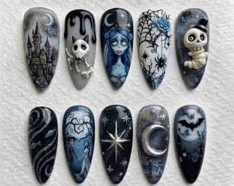 Corpse Bride Gothic Press On Nails, Blue Bride & Skeleton Dog Nails, Dark Romantic Handmade Halloween Nail Set