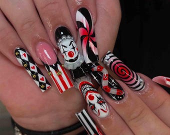 Gothic Jester Clown Press On Nails, Red Black Harlequin & Spiral Vortex Nails, Creepy Circus Pierrot Gothic Handmade Halloween Nail Set
