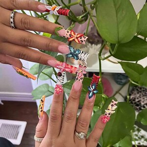 May include: A close-up of a hand with long, decorated fingernails. The nails feature various designs, including floral patterns, animal prints, and 3D embellishments. The nails are painted in a variety of colors, including pink, orange, red, and blue.