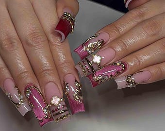 Handmade Royal Pink Gold Press On Nails | 3D Jewel Frame, Pearl & Baroque Detail | Long Square Luxury Glam Nails