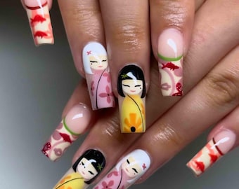 Handmade Kokeshi Floral Press On Nails | Cute Doll Art, Cherry Blossom & Graphic Lines | Square Nails for Playful Japanese Vibes