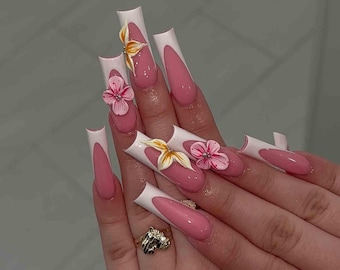Handmade French Pink Press On Nails | 3D Yellow & Pink Hibiscus Flowers | Long Coffin White French Tip Nails for Summer Girls