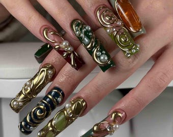 Handmade Art Nouveau Press On Nails | Gold 3D Swirls, Pearls & Gem Accents | Long Square Nails For Luxury Vintage Vibes