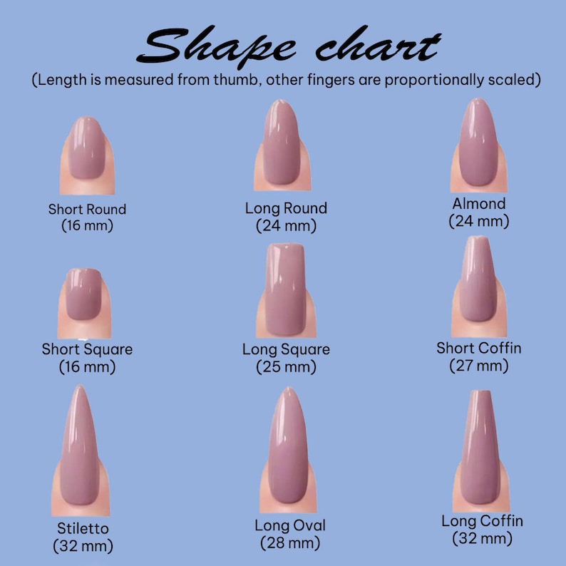 May include: A shape chart displaying various nail shapes, including Short Round (16 mm), Long Round (24 mm), Almond (24 mm), Short Square (16 mm), Long Square (25 mm), Short Coffin (27 mm), Stiletto (32 mm), Long Oval (28 mm), and Long Coffin (32 mm).