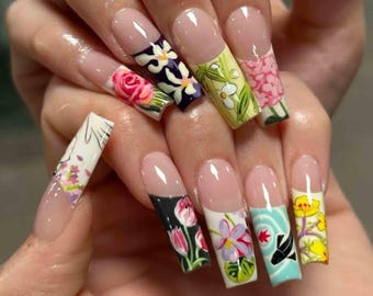 Handmade Floral Garden Press On Nails | Hand-Painted Flowers, Botanical Art | Long Square Nails for Fresh Spring Vibes