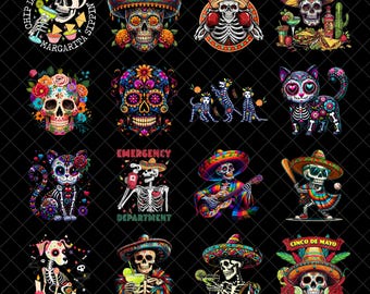 Cinco de Mayo Skeleton PNG Bundle, Mexican Day of the Dead SVG, Funny Fiesta Skull Art Sublimation, Digital Download Clipart