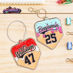 Personalized Baseball Bag Tag, Custom Ice Cream Drip Softball Tag, Custom Team Name Keychain, Sports Gift for Kids, Team Gift Idea